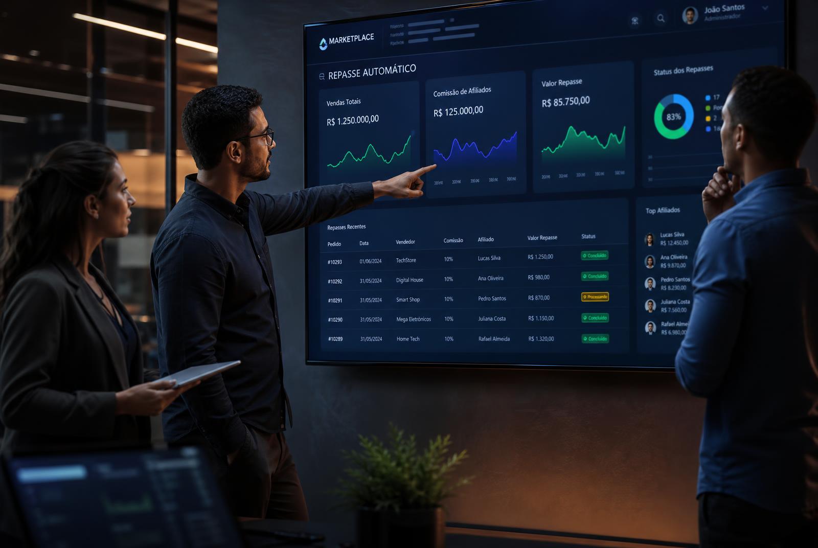 Equipe analisando painel de repasse automático com divisão de comissões entre sellers e afiliados