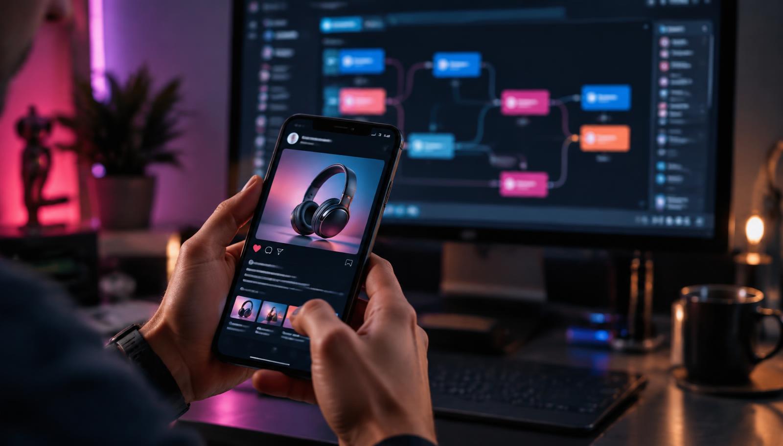 Pessoa segurando smartphone com publicação de produto enquanto um monitor exibe um fluxo de automação de atendimento